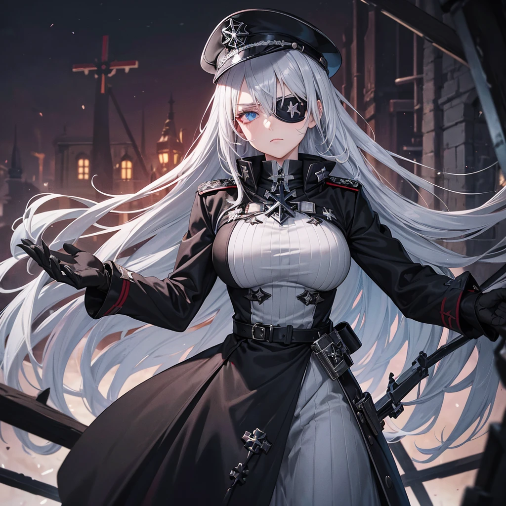 A woman, with silver hair with a reddish tone, light blue eyes, an eye patch, wearing a long black gothic coat with a slightly reddish tone, with iron cross symbols on the silver coat, black officer's hat with dress detail, with a iron cross, jump with iron cross detail, in a nordic castle at night, serious face.