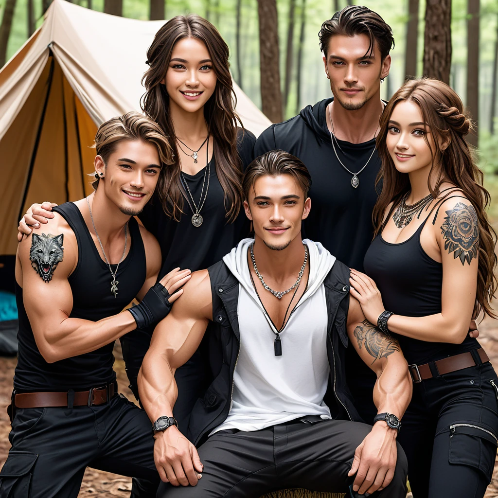 Three friends. The sole male is handsome, with short brown hair, chiseled jaw line, and silver eyes. He have Tall, Muscular build, with a tattoo of a wolf on his right bicep. He is clad in black sleeveless undershirt, silver chain necklace, black fingerless gloves, black cargo pants, and black leather boots. He is in the middle of the group. The first female have long, flowing black hair, light brown skin tone, and hazel brown eyes, she is clad in a bohemian-style clothing and silver jewellery. The second female is tall and slender, with long brown hair that she often wears in a braid, piercing blue eyes, has a small scar above her left eyebrow. She wear white hoodie over black undershirt, black cargo pants, and dark brown leather boots. They are camping in the wood, with a smile on their face, the man wrapping his hands around his female friends shoulder.