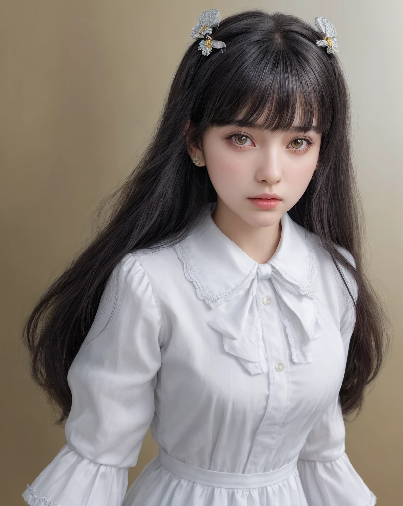 Highest quality, (Realistic:1.2), One girl, alone, Detailed face, Face Focus, Are standing, Black Hair,(hair ornaments:1.35),office lady, Sleeves edged with ribbon, Removable sleeves, Ribbon trim, Wide sleeves, (View your viewers:1.5) Long Hair, Iris, bangs, lips,