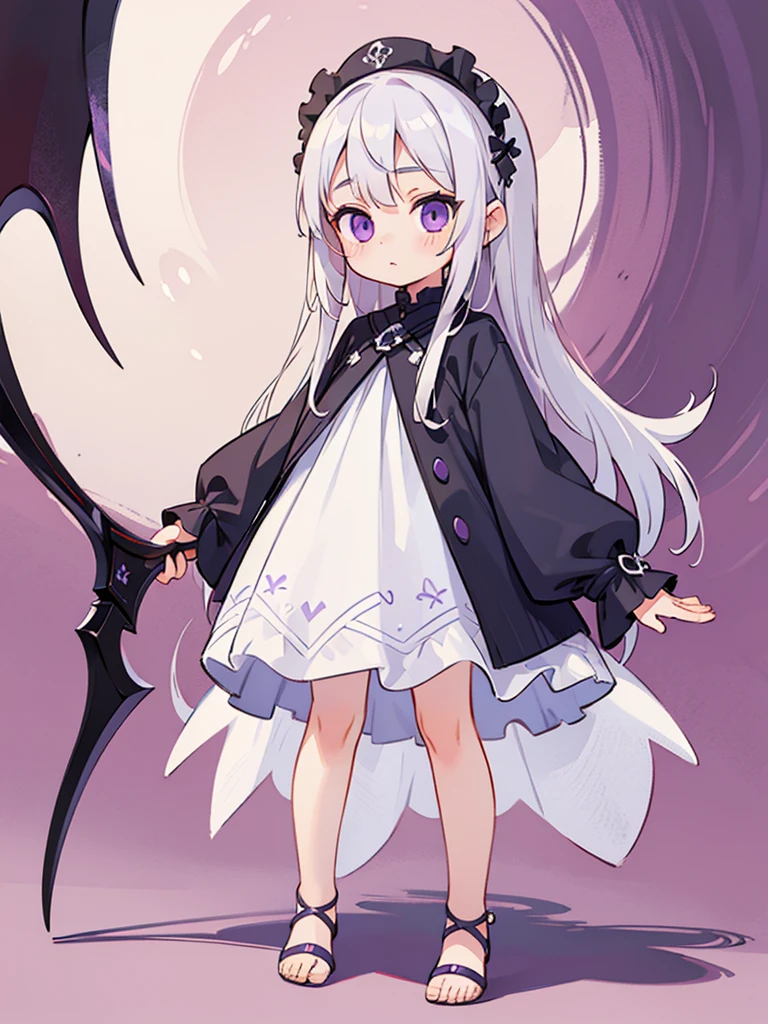 (masterpiece), (detailed), (detailed face), (detailed eyes) simple background, 1ung girl, (ch (loli), rple eyes, eyes have light, standing, 1scythe toe, white hair, long hair, white dress, full body, (solo), ((realistic))