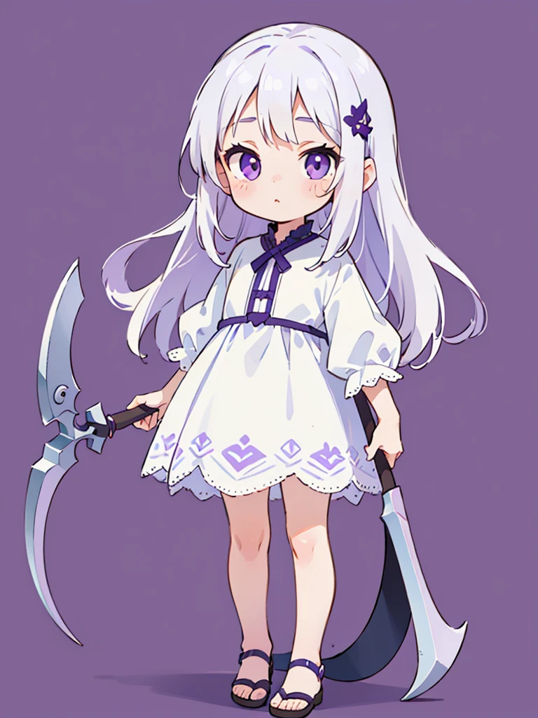(masterpiece), (detailed), (detailed face), (detailed eyes) simple background, ung girl, (child), (lolpurple eyes, eyes have light, standing, 1scythe toe, white hair, long hair, white dress, full body, (solo), ((realistic))