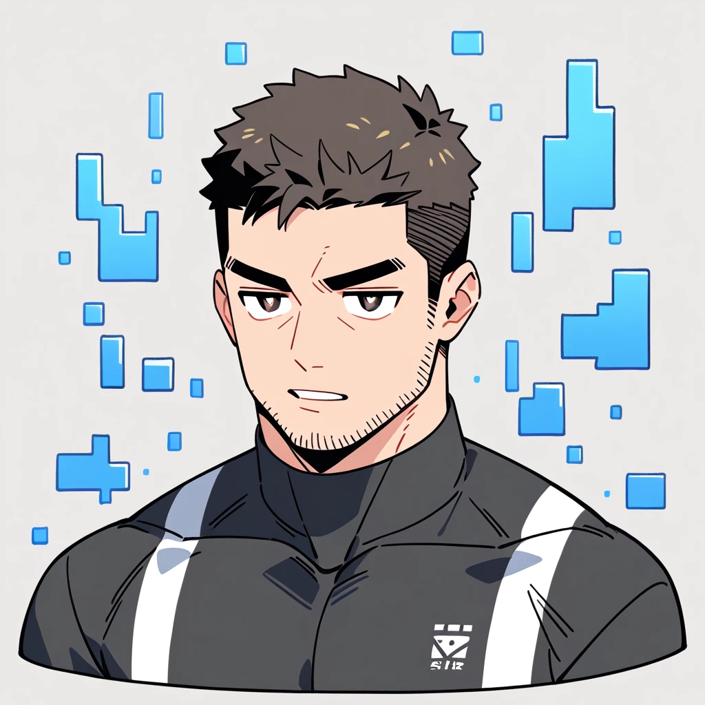 anime characters:Chris Redfield, Muscle Sports Student, Buzz Cut, Manliness, male focus, Dark black high collar long sleeve tight T-shirt, Slightly transparent material, Very tight, Round, full and perky chest muscles, muscular male, muscular, only, Upper body, alone, Black short hair, Thick eyebrows, stubble, Brown-red pupils, Grey background, simple background, amazing quality, best aesthetics, Ridiculous, crew cut, parted lips, v-shaped eyebrows, jitome, best quality