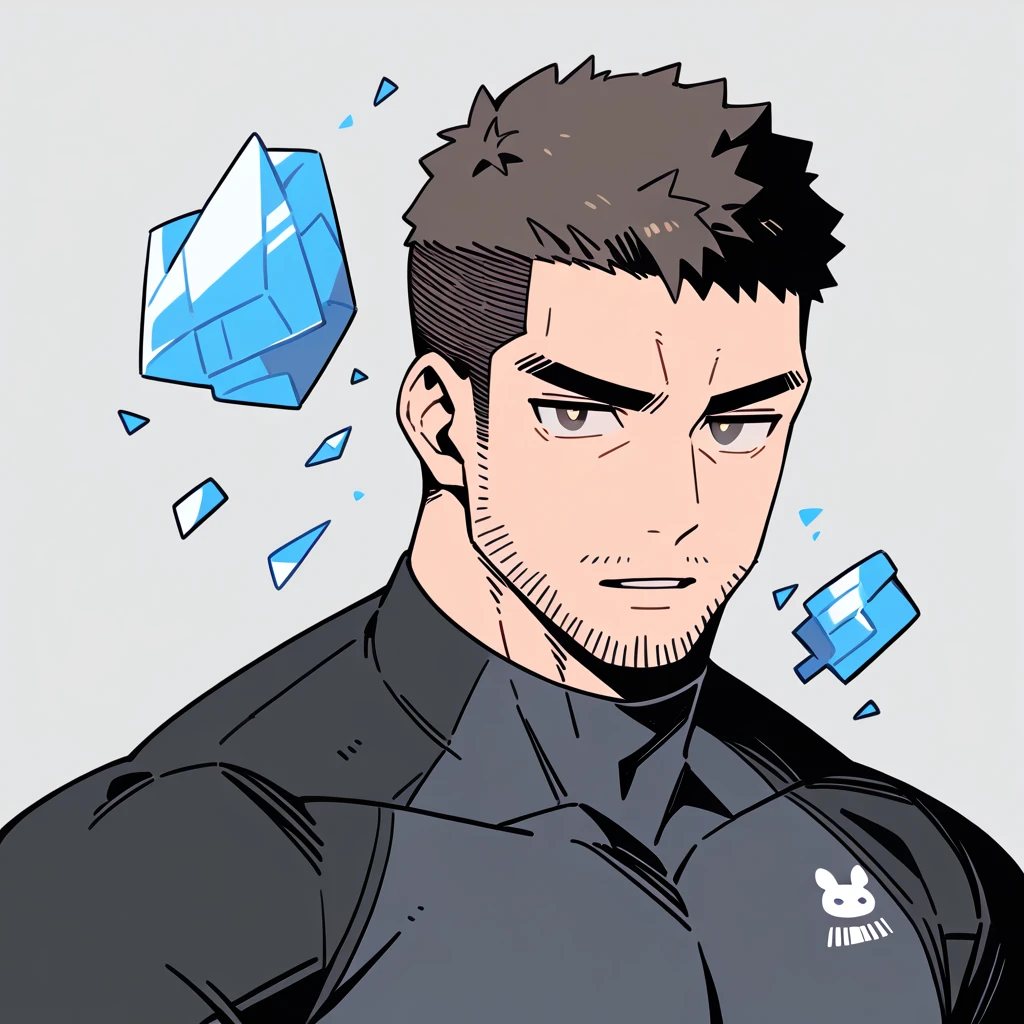 anime characters：Chris Redfield, Muscle Sports Student, Buzz Cut, Manliness, male focus, Dark black high collar long sleeve tight T-shirt, Slightly transparent material, Very tight, Round, full and perky chest muscles, muscular male, muscular, only, Upper body, alone, Black short hair, Thick eyebrows, stubble, Brown-red pupils, Grey background, simple background, amazing quality, best aesthetics, Ridiculous, crew cut, parted lips, v-shaped eyebrows, jitome, best quality