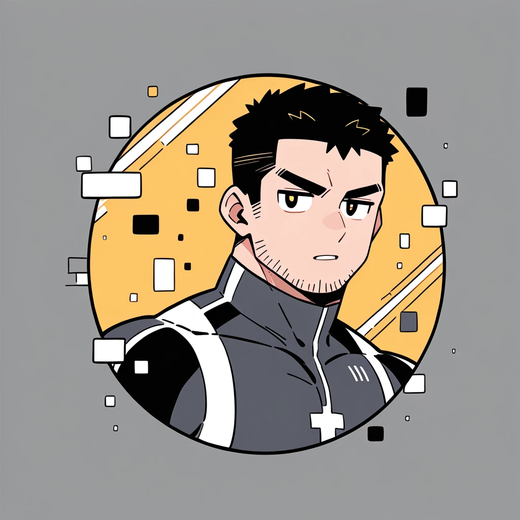 anime characters:Chris Redfield, Muscle Sports Student, Buzz Cut, Manliness, male focus, Dark black high collar long sleeve tight T-shirt, Slightly transparent material, Very tight, Round, full and perky chest muscles, muscular male, muscular, only, Upper body, alone, Black short hair, Thick eyebrows, stubble, Brown-red pupils, Grey background, simple background, amazing quality, best aesthetics, Ridiculous, crew cut, parted lips, v-shaped eyebrows, jitome, best quality