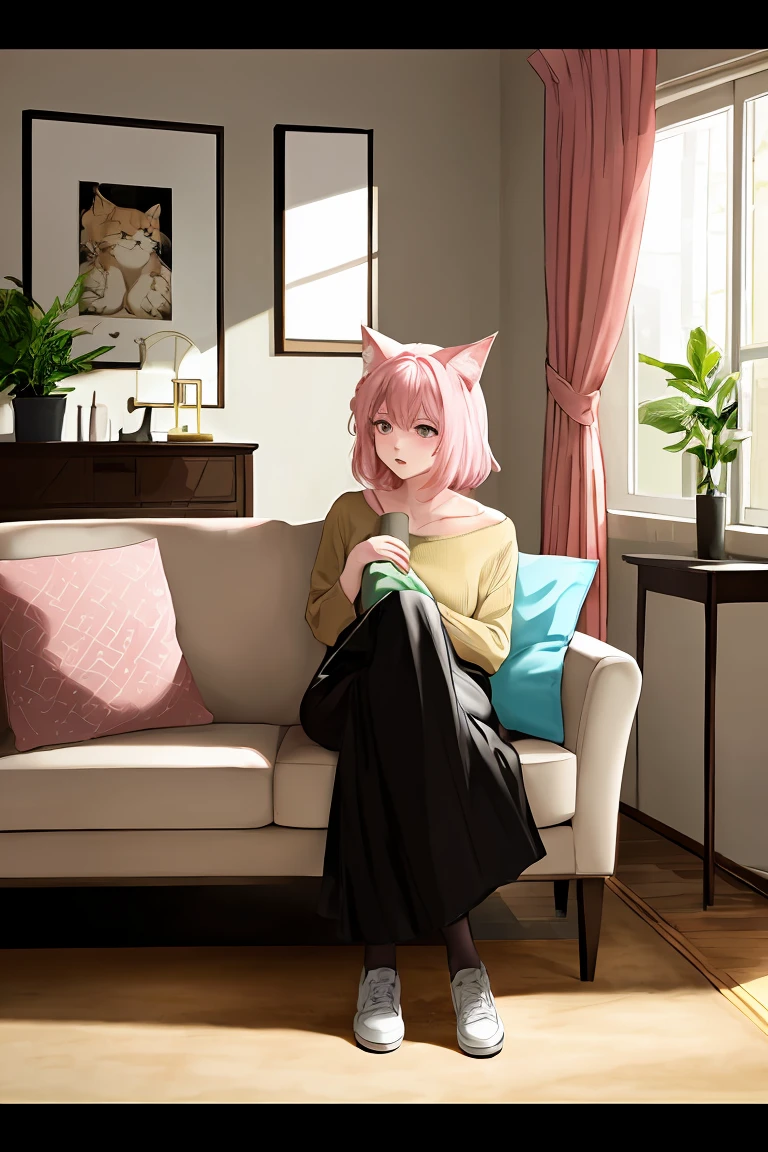 (score_9,score_8_up,score_7_up,score_6_up,score_5_up,score_4_up),masterpiece, top quality, best quality, official art, beautiful and aesthetic, animation, , 1girl with cat ear, perfect figure, pink hair, complicated details, living room, sitting on the carpet, holding a pillow in his hand, responding to male brother's description with a gentle tone ,