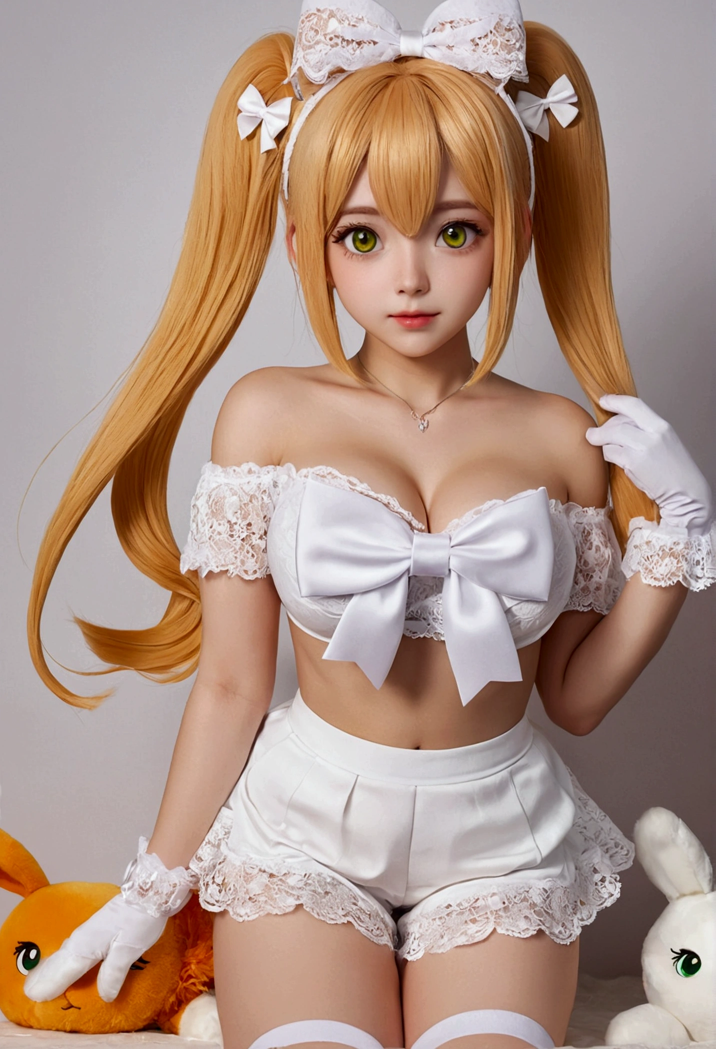 Blonde、cute 、Curly hair twin tails、Yellow ribbon hair accessory、Magical girl、No underwear、No panties、Crotch in full view、Beautiful pubic hair、open