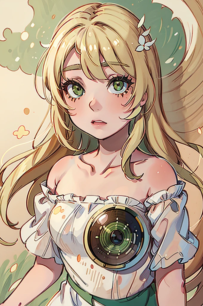 An anime girl, green eyes, blond medium leight hair, posing for camera, standing in a field of flovers, in white summer dress with dots, portrait shoot