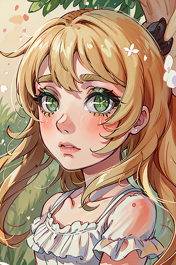 An anime girl, green eyes, blond medium leight hair, posing for camera, standing in a field of flovers, in white summer dress with dots, portrait shoot