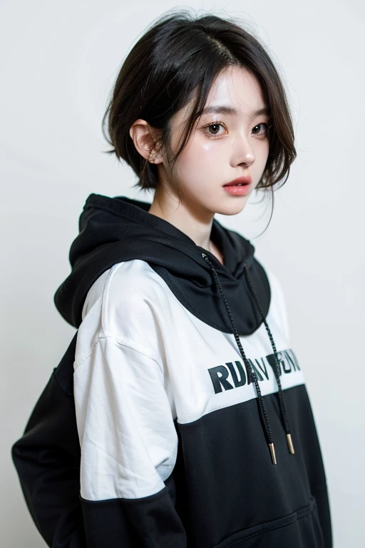 Black hair 23 year old female Korean gloomy black hoodie white background short hair