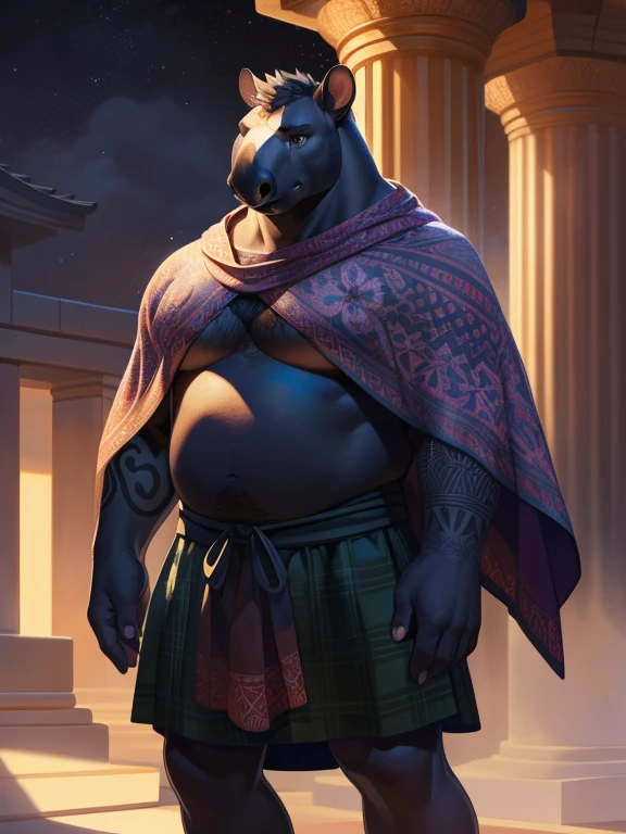 solo, anthro, furry, furry male, tapir,((short fur,furry, smooth fur, opaque fur)), (floral camellia tattooed arms, floral camellia tattooed chest), black pupils, white sclera, black body, black fur, dark blue eye, tail, detailed fur, detailed face, detailed eyes, bare chest, (black poncho, black kilt), temple, (by null-ghost,by raccoon21, masterpiece, high quality, hi-res, 8k, hd, half-light), standing,close-view portrait, looking at viewer, night, stoic expression, arrogant, dynamic pose, Fat male tapir, tapir trunk, full sleeve tattoos on both arms, torso covered in tattoos, spiky hair, mid 40s, poncho, no shirt, kilt,