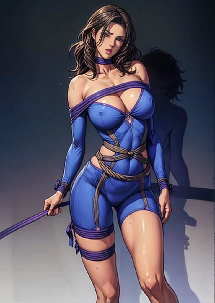 girl,alone,Gray background,Artistic lighting,Beautiful Asian Goddess,Long black hair,Long hair down to the waist,Wavy Hair,eyelash, blue eyes, lipstick, ((Purple bodysuit,Off the shoulder, )),Green sash,thin,(Rope :1.3),((Cross your arms behind your back)),((hide your arms behind your back)),((Both wrists tied behind the back)),((Poses that make your legs look longer)),Standing with legs spread from side to side,Tied upwhole body写真撮影,Sensual look,A look of shame,Expression of pleading,Turn your face away in embarrassment,(Hair blowing in the wind),Graceful features,No sleeve,Mature Woman,Dd fingers, Perfect hands, Length 180cm,Small face,sweating,Sweat on the face,Soft thighs,Sexy legs,Sexy ass, avage,Opene cheSmoot and legs,Long, slender legs,((Amazing orgasm)),大きなSexy ass, Wearing high heerfect Body Propoons, Slim waist,Smooth and flat belly,Nipples visible,The areola is protruding,Tight(Long legs:1.5),E cu,Thighs open,Huge :1.1,perspective:1.2,Looking at the audience,Character-centric,symmetry diagram,whole body:1.5,From below:1.1,Abdominal shot