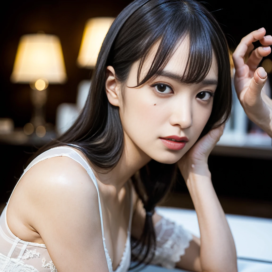 Very detailed CG Unity 8k 壁紙, Highest quality, Very detailed, Tabletop, Realistic, photo-Realistic, Very detailedかわいい女の子, Age 25, whole body, ,Small breasts,black eye,Lingerie