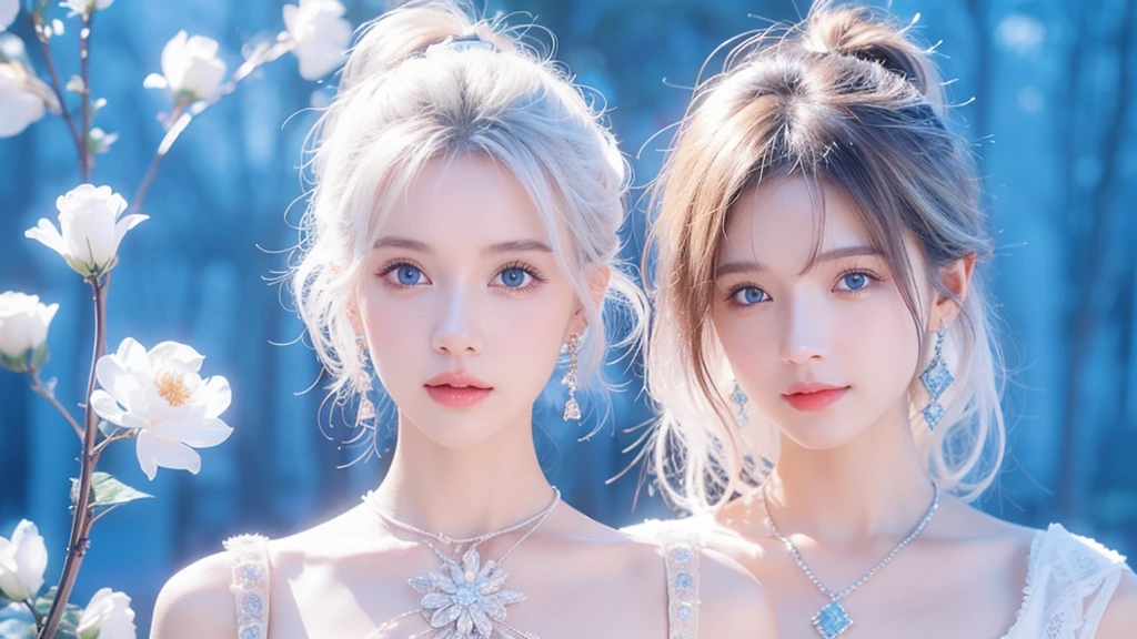 The Minimalists，Fashion Girl，White hair，Blue Background，Wear special earrings，Bohemian style，Clear eyelashes，Bright blue eyes，Clean通透的眼珠，close up，Camera-oriented portrait，Smile flat illustration，geometry，Clean，Japanese Manga