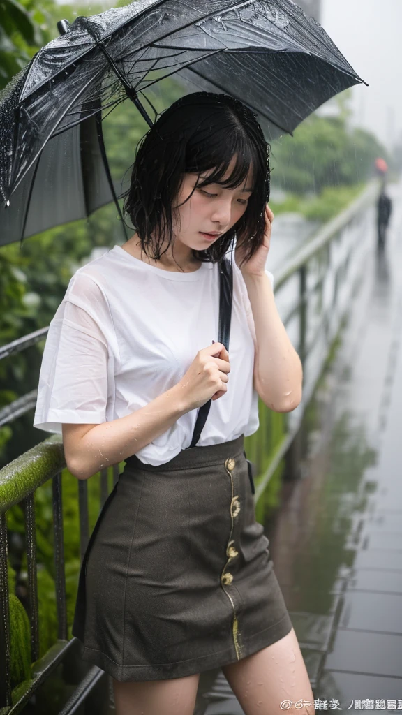 Natural image quality,(((looking at the camera))),１People Girls,Japanese,20-year-old,Beauty,tears,Sad expression, Short-sleeved summer clothes,skirt,(Disheveled Hair), ((Wet Hair)), ((Wet body)), ((Wet clothes)), ((Wet Face)), (The whole body is wet from rain), (Rainy city office district)