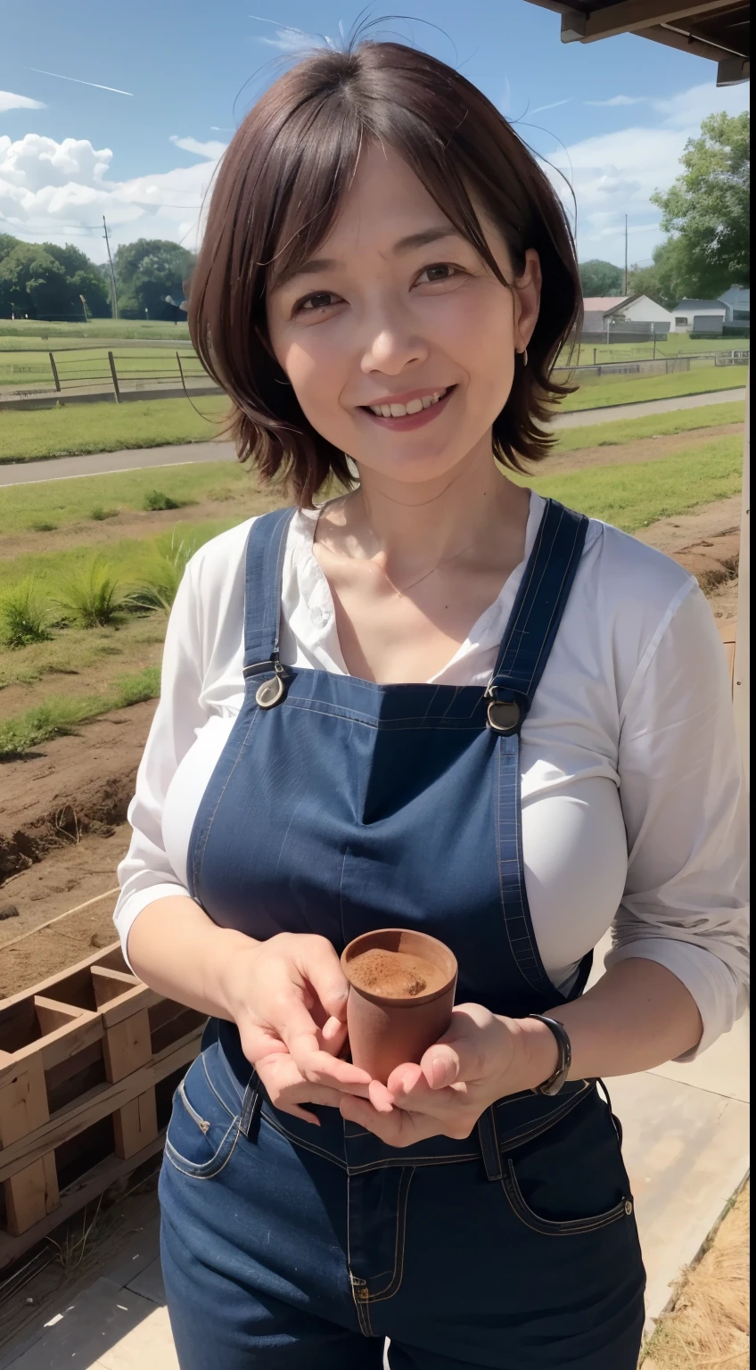 A 53-year-old woman named Noriko, wearing practical work clothes with a plaid shirt and overalls, and sturdy boots. She has sun-kissed, medium-length hair often tied back with a bandana. She has weathered, gentle eyes, a strong build, and a warm, inviting smile. She is in a field with crops, a farmhouse in the background, and tools around. Her expression is one of gentle contentment, with a warm smile and bright eyes. Big breasts big breasts、