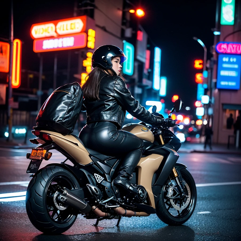 Woman with gorgeous ass riding a motorbike at night along a city street with blurred neon lights in the background, nude except for a motorbike jacket and helmet, view from behind, sports bike, black and black, pantyless, bottomless