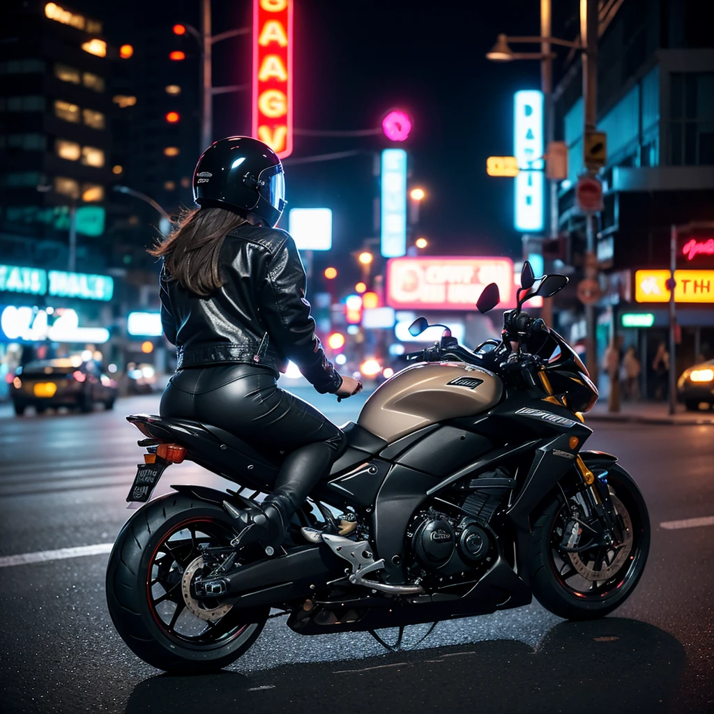 Woman with gorgeous ass riding a motorbike at night along a city street with blurred neon lights in the background, nude except for a motorbike jacket and helmet, view from behind, sports bike, black and black, pantyless, bottomless