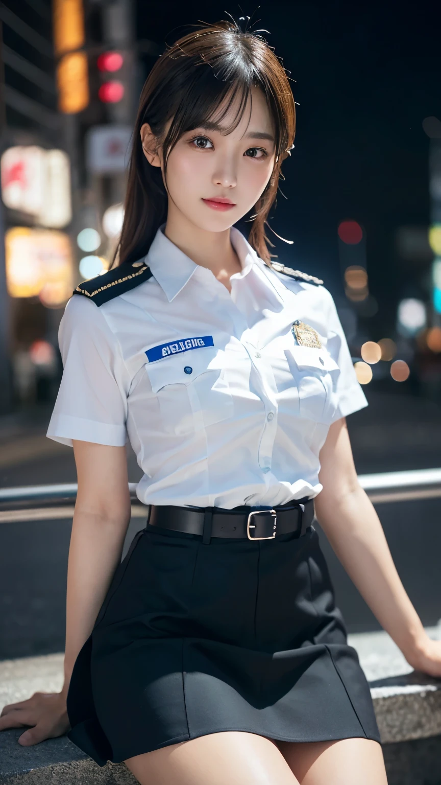 An innocent 20-year-old girl、((Japanese Police Officer, Sexy police uniform, skirt, Cute and elegant, Dramatic Pose)),smile,Night city background,shortcut、RAW Photos, (8K、Highest quality、masterpiece:1.2)、(Intricate details:1.4)、(Photorealistic:1.4)、Octane Rendering、Complex 3D rendering with ultra-detail, Studio Soft Light, Rim Light, Vivid details, Super Detail, Realistic skin texture, Detailed aspect, Beautiful details in the eyes, Highly detailed CG Unity 16k wallpaper, compensate, (Detailed Background:1.2), Glowing Skin, whole body,Put your hands down、Spread your legs and show me your panties,Sit on a bench