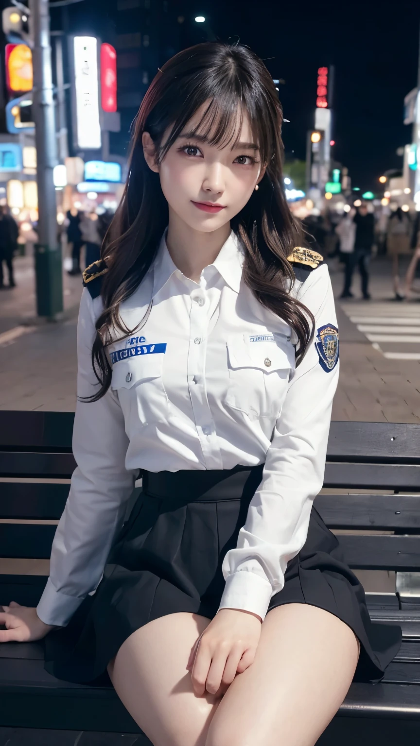 An innocent 20-year-old girl、((Japanese Police Officer, Sexy police uniform, skirt, Cute and elegant, Dramatic Pose)),smile,Night city background,shortcut、RAW Photos, (8K、Highest quality、masterpiece:1.2)、(Intricate details:1.4)、(Photorealistic:1.4)、Octane Rendering、Complex 3D rendering with ultra-detail, Studio Soft Light, Rim Light, Vivid details, Super Detail, Realistic skin texture, Detailed aspect, Beautiful details in the eyes, Highly detailed CG Unity 16k wallpaper, compensate, (Detailed Background:1.2), Glowing Skin, whole body,Put your hands down、Spread your legs and show me your panties,Sit on a bench