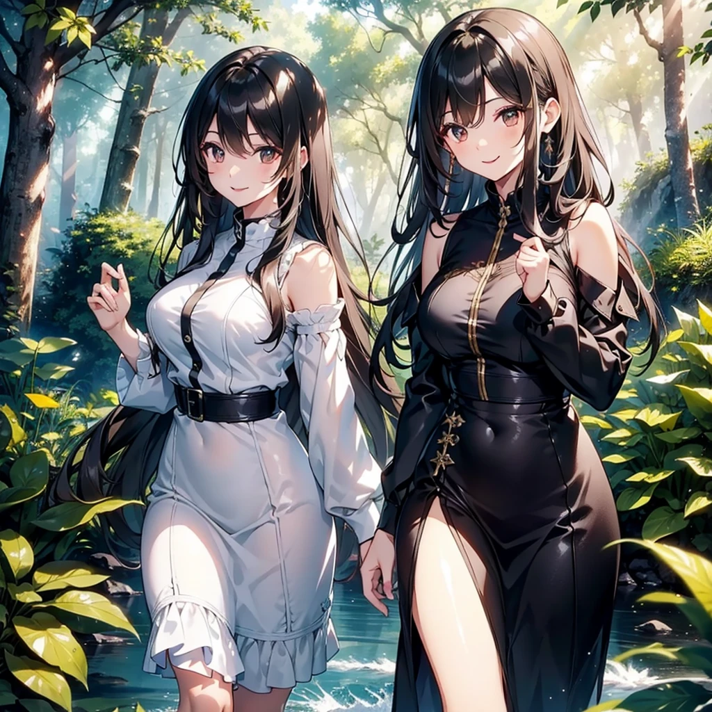 finely detailed beautiful girl, detailed 16k best quality, shiny light black long hair, ultra-detailed beautiful shiny highlight clear brown eyes focus, beautiful sunshine mountain forest water background, walking, smile,