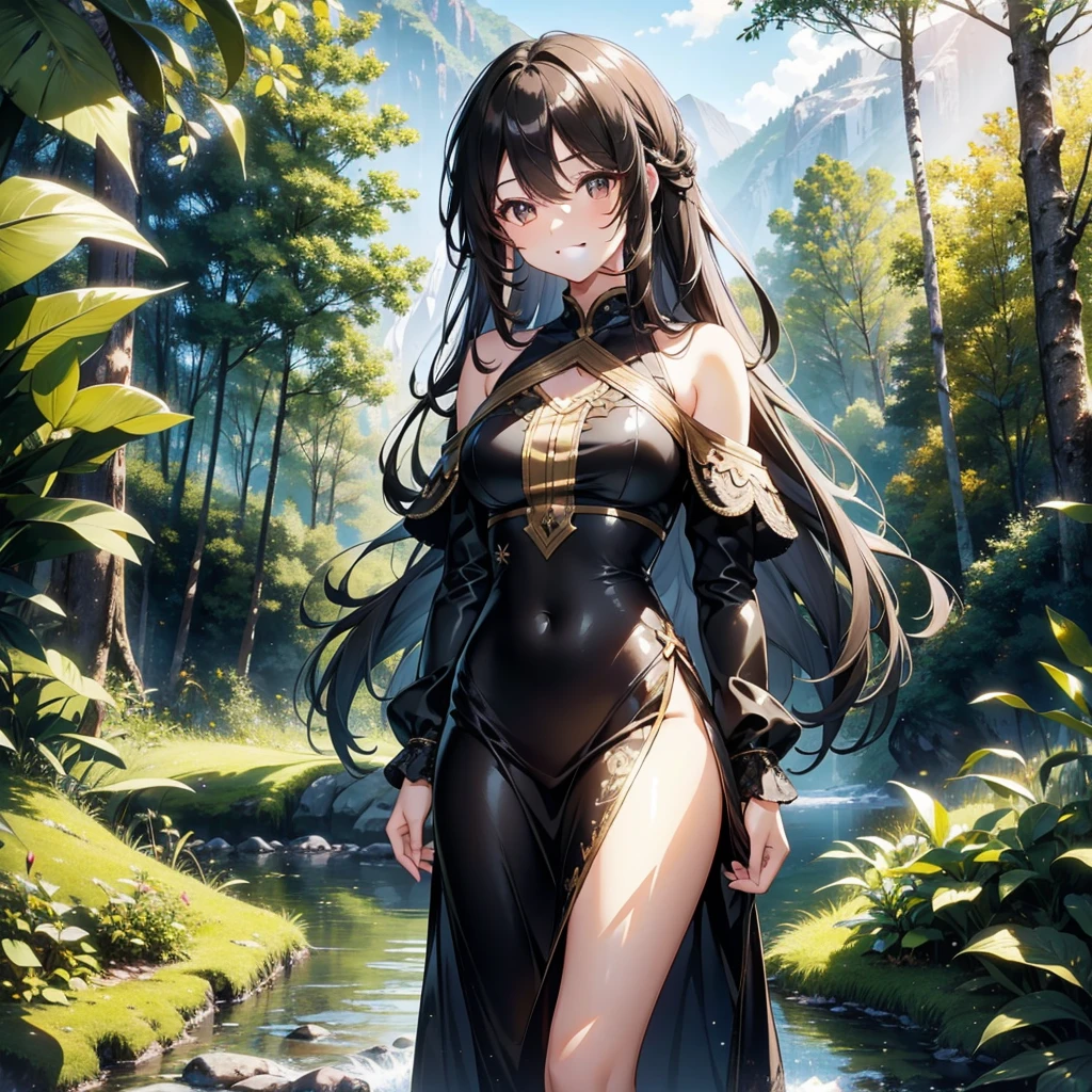 finely detailed beautiful girl, detailed 16k best quality, shiny light black long hair, ultra-detailed beautiful shiny highlight clear brown eyes focus, beautiful sunshine mountain forest water background, walking, smile,