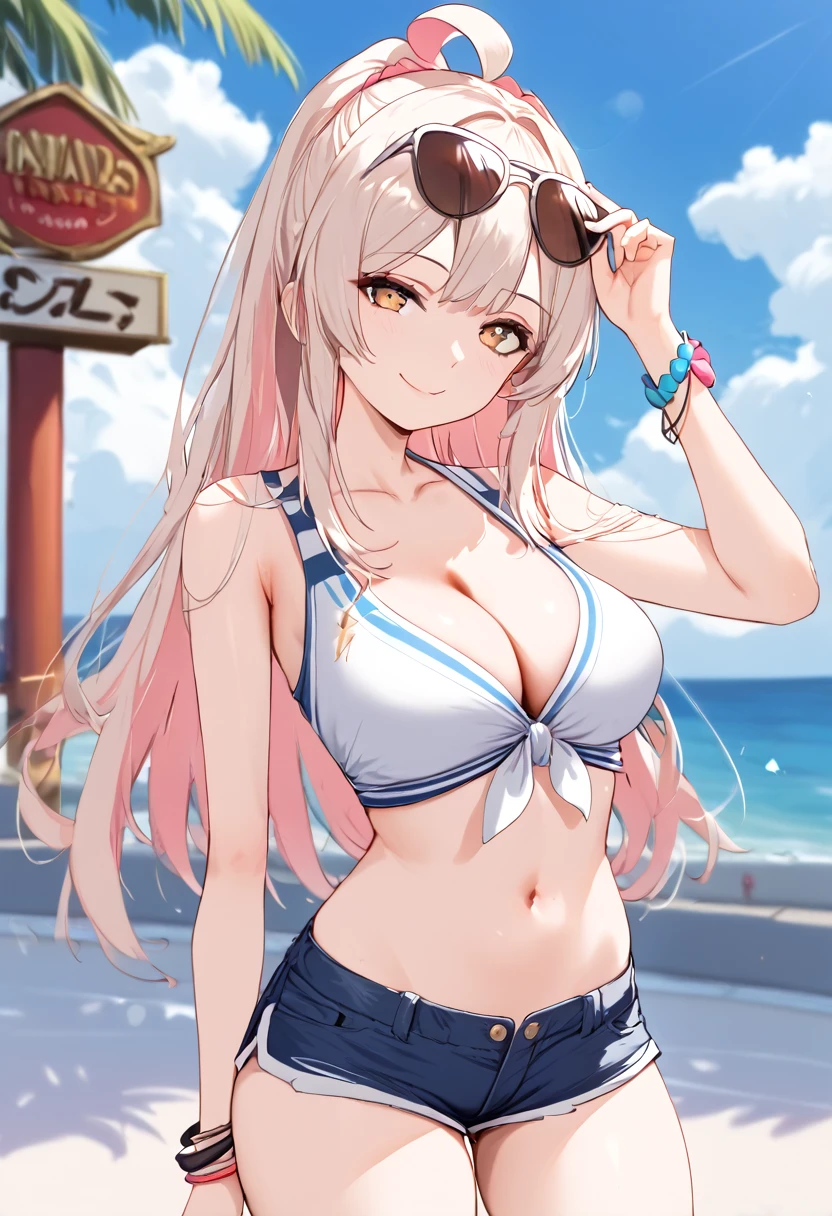 1girl, ultra high res, large chest, cleavage, shorts, exposed tummy, shorts, sunglasses