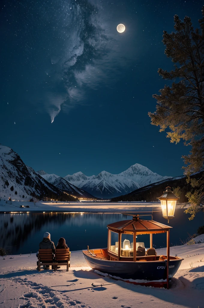 Landscape snowy mountains moon light boat 4 friends and a lantern from backview seeing moon