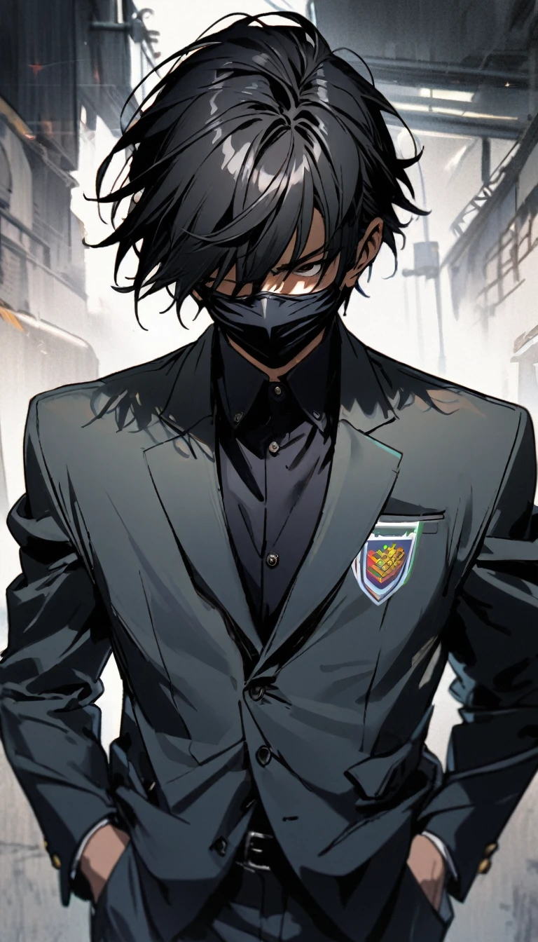 1boy, with black face mask ,black hair covering both his eyes,open white school blazer with logo ,,standing,hands in pocket, serious ,closeup