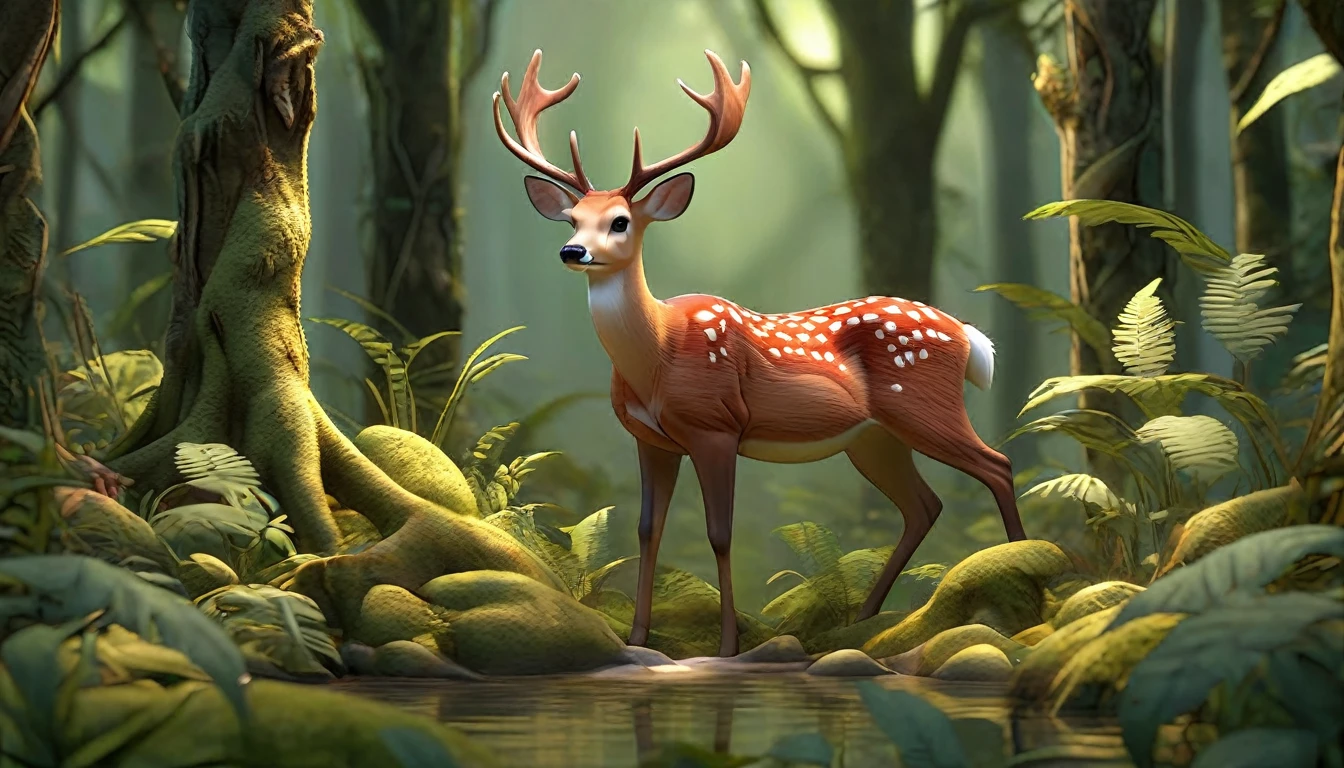 A stunning 3D scene,A beautiful forest scene,Dense jungle,There is a deer in it