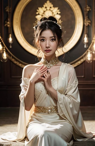 (chinese immortal), (buddhism), multiply_handmade story), (bodhisattva), 그녀는 Sitting on a lotus flower 있다, (three hands on the left,three hands on the right, 각 손에는 다른 buddhism 그릇이 있습니다., left right symmetry),(delicate and beautiful face), (white silk gown)Sitting on a lotus flower, front view,light smile, neoclassicism, OP Art, chiaroscuro, cinematic lighting, god's light, ray tracing, character sheet, Insert projection, first person perspective, hyper hd, masterpiece, accurate, textured skin, super detail, high details, high quality, Awards, best quality, high resolution, 8K