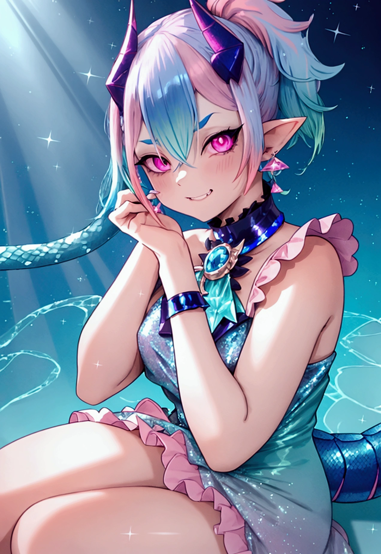 CorruptA, professional image of a cute young woman, (frilly elegant glossy dark holographic dress, crescent brooch, crescent earrings, crescent accessories:1.2),
(blue water dragon horns, blue water dragon tail:1.3), (short hair, side ponytail, hair above cheeks, light blue hair with light pink hairtips, gradient hair, multicolored hair:1.4), red eyes, (small breasts, cute face, pointy ears:1.1), (evil laugh, evil eyes, snake eyes, Corrupt_Girl, corruption, dark_persona:1.2), (sparkles, sparkling clothes, sparkles near eyes:1.3),
(intricate aquatic background, underwater, sparkling water, ocean floor, corral reef, bubbles:1.2),
(ultra wide angle shot, cinematic style, absurdres, incredibly absurdres, huge filesize, extremely detailed, High quality texture, physically-based rendering, Ray tracing, octane render, sharp focus, (8k), (4k), (Masterpiece), (Best Quality), extremely detailed, intricate, hyper detailed, illustration, soft lighting, high resolution, sharp detail,),masterpiece,cute