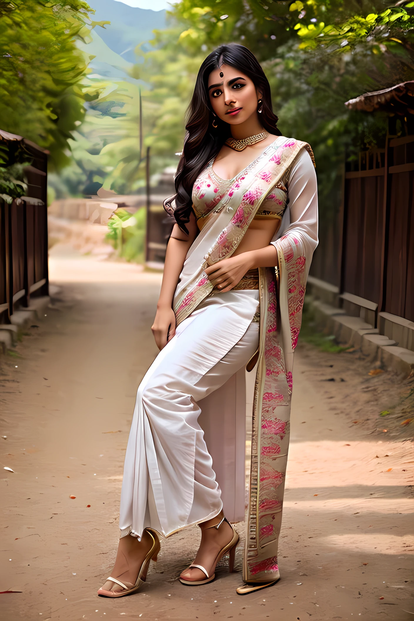 Indian girl wearing sarre, oversized blouse, erotic, seducing, saree, blouse, sexy facial expressions , indian traditional outfits, valley, full body photography prime lens cinematic, professional