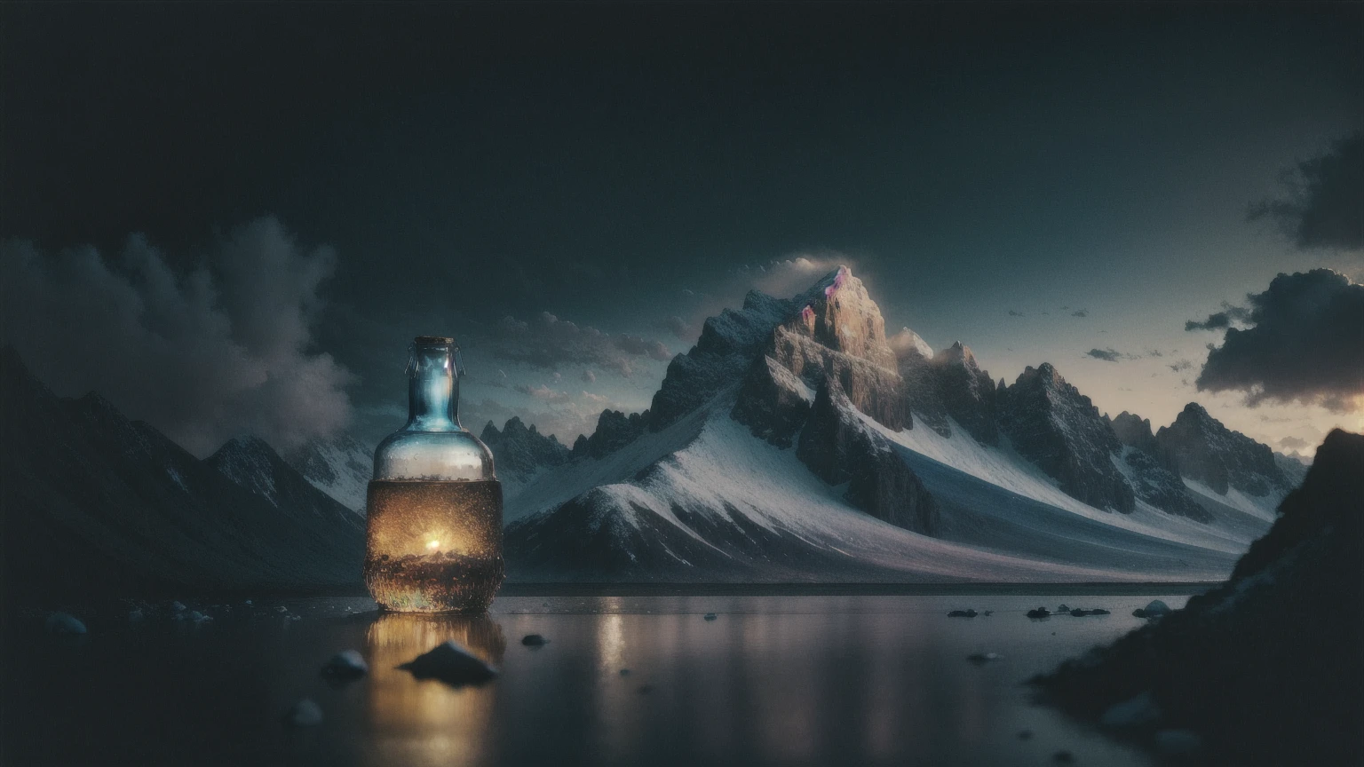 MOUNTAIN IN THE BOTTLER, fluffy, realistic, atmospheric light refraction, by lee jeffries nikon d850 film stock photograph 4 kodak portra 400 camera f1.6 lens rich colors hyper realistic lifelike texture dramatic lighting unreal engine trending on artstation cinestill 800, Style-Glass