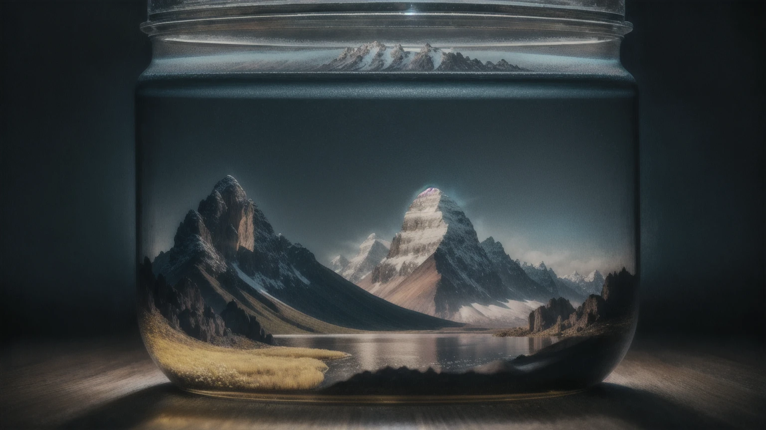 MOUNTAIN IN THE BOTTLER, fluffy, realistic, atmospheric light refraction, by lee jeffries nikon d850 film stock photograph 4 kodak portra 400 camera f1.6 lens rich colors hyper realistic lifelike texture dramatic lighting unreal engine trending on artstation cinestill 800, Style-Glass