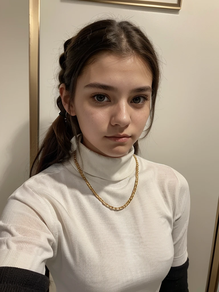 Ultrarealistic, 17 year old teen girl, pretty face, white skin, dark brown hair, wearing a black turtle neck top, gold chain, pony tail, (selfy with front camera)