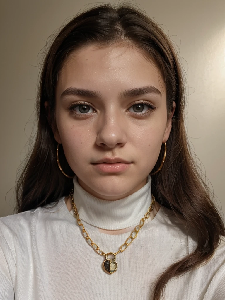 Ultrarealistic, 17 year old teen girl, pretty face, white skin, dark brown hair, wearing a black turtle neck top, gold chain, pony tail, (selfy with front camera)