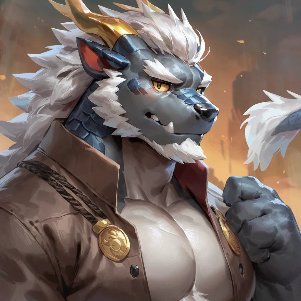 (artist: gamma_g, lindong, null-ghost, dangpa) 1male, sfw, eastern dragon, character design, bara, one fluffy tail, old man, fluffy mane, perfect eyes, grey body, white hair, background, solo, scales, detailed scales, golden decals, casual western clothes, sharp short ears, yellow iris, white sclera, big eyes, white beard, sharp iris, thick thighs, muscular legs, veiny, fluffy hair, detailed face:2.0, one tail, masterpiece:2.0, sharp fang, perfect eyes, chest fluff, (SuperQuality:1.0) ~ (SuperQuality:1.2), full body