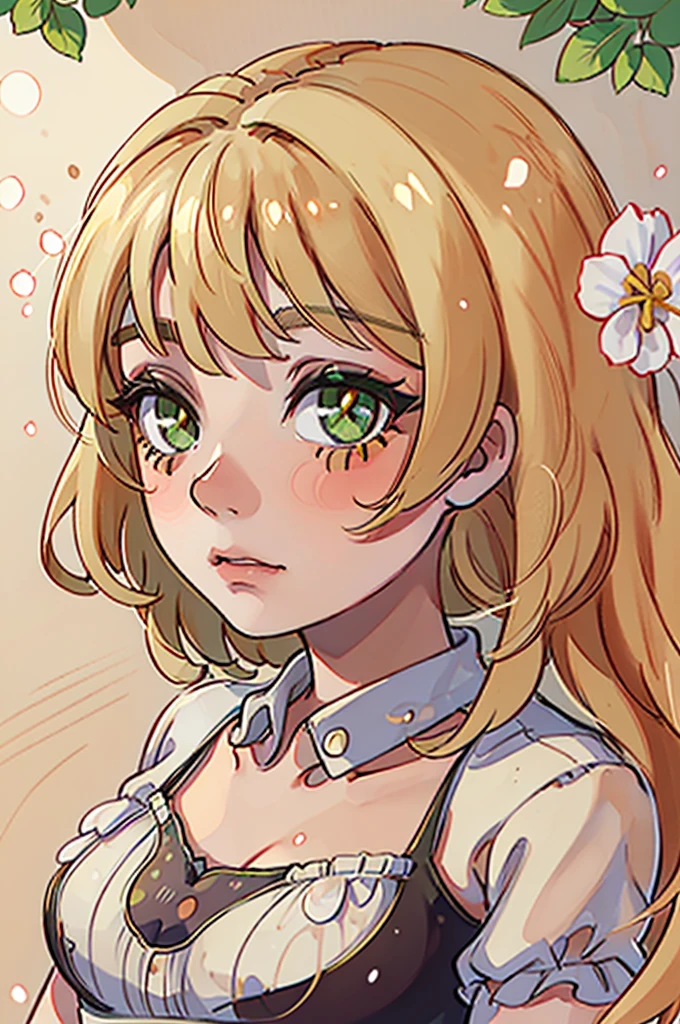 An anime girl, green eyes, blond medium leight hair, posing for camera, standing in a field of flovers, in white summer dress with dots, portrait shoot