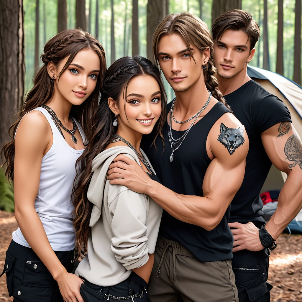Three friends. The sole male is handsome, with short brown hair, chiseled jaw line, and silver eyes. He have Tall, Muscular build, with a tattoo of a wolf on his right bicep. He is clad in black sleeveless undershirt, silver chain necklace, black fingerless gloves, black cargo pants, and black leather boots.The first female have long, flowing black hair, light brown skin tone, and hazel brown eyes, she is clad in a bohemian-style clothing and silver jewellery. The second female is tall and slender, with long brown hair that she often wears in a braid, piercing blue eyes, has a small scar above her left eyebrow. She wear white hoodie over black undershirt, black cargo pants, and dark brown leather boots. They are camping in the wood, with a smile on their face, the man wrapping his hands around his female friends shoulder.