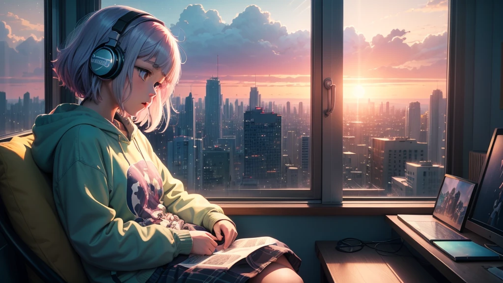 West Coast , hiphop, アニメ girl sitting on floor looking out window at city, アニメ aesthetic, アニメ vibes, lofi artstyle, Lo-fi portrait by the window, Watching the Sunset. アニメ, Lofty Girl, アニメ art wallpaper 4 k, アニメ art wallpaper 4k, アニメ art wallpaper 8 k, アニメ background art, Lofi Color, Lofi Art, アニメ asthetic,masterpiece, Highest quality, Rainbow Style, アニメ, Beautiful Asian Girl, Along the Hawaiian Coast, Cute and dreamy,アニメ,Illustrator,LOFI Girl, Blues,landscape,Sunset, night、Girl listening to music in a cozy room, Use headphones, 2D Style Anime, Rain outside the window、Analog Color Theme、Ghibli style
