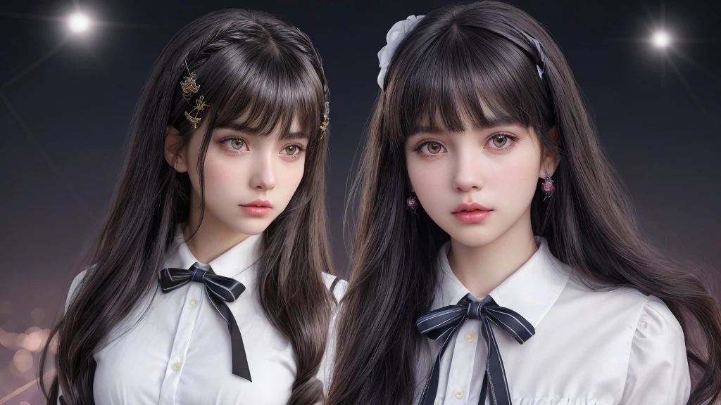 Highest quality, (Realistic:1.2), One girl, alone, Detailed face, Face Focus, Are standing, Black Hair,(hair ornaments:1.35),office lady, Sleeves edged with ribbon, Removable sleeves, Ribbon trim, Wide sleeves, (View your viewers:1.5) Long Hair, Iris, bangs, lips, Night neon background