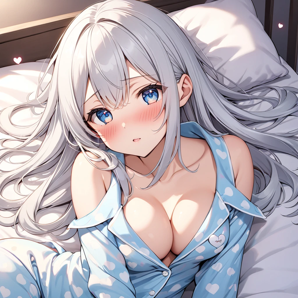 NSFW, silver hair, blue eyes, straight hair, medium breasts, solo, heart shaped eyes, blushing, cute pajamas, cleavage, sexy panties, sleeping in bed with viewer