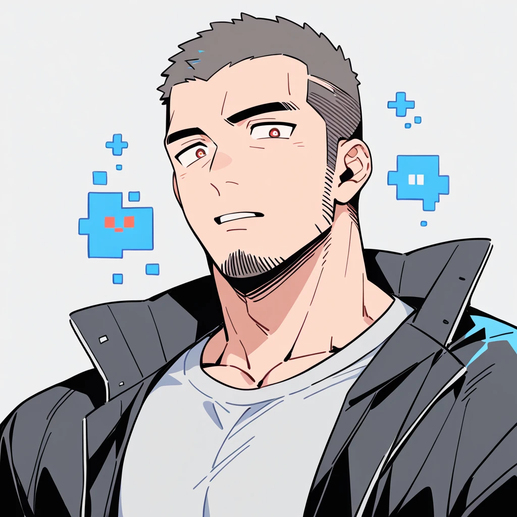 anime characters:Priapus, Muscle Sports Student, Buzz Cut, Manliness, male focus, Light Grey high collar long sleeve tight T-shirt, Very tight, Round, full and perky chest muscles, muscular male, muscular, only, Upper body, alone, Black short hair, Thick eyebrows, stubble, Brown-red pupils, White background, simple background, amazing quality, best aesthetics, Ridiculous, crew cut, parted lips, flustered, endured face, best quality