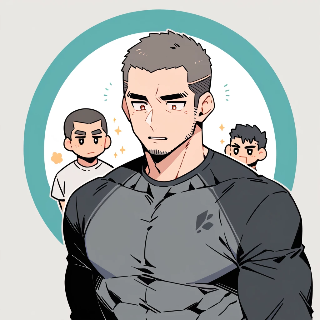 anime characters:Priapus, Muscle Sports Student, Buzz Cut, Manliness, male focus, Light Grey high collar long sleeve tight T-shirt, Very tight, Round, full and perky chest muscles, muscular male, muscular, only, Upper body, alone, Black short hair, Thick eyebrows, stubble, Brown-red pupils, White background, simple background, amazing quality, best aesthetics, Ridiculous, crew cut, parted lips, flustered, endured face, best quality