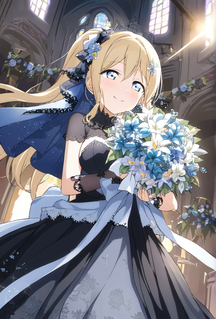 Eri Ayase Blonde Light blue eyes ponytail Black Wedding Dress Light blue floral decoration dress smile Tears of joy Huge breasts church Shining Light blue floral hair ornament Light blue flower bouquet