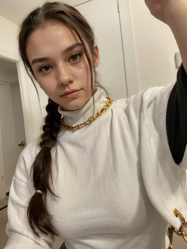 Ultrarealistic, 17 year old teen girl, pretty face, white skin, dark brown hair, wearing a black turtle neck top, gold chain, pony tail, (selfy with front camera), upper body