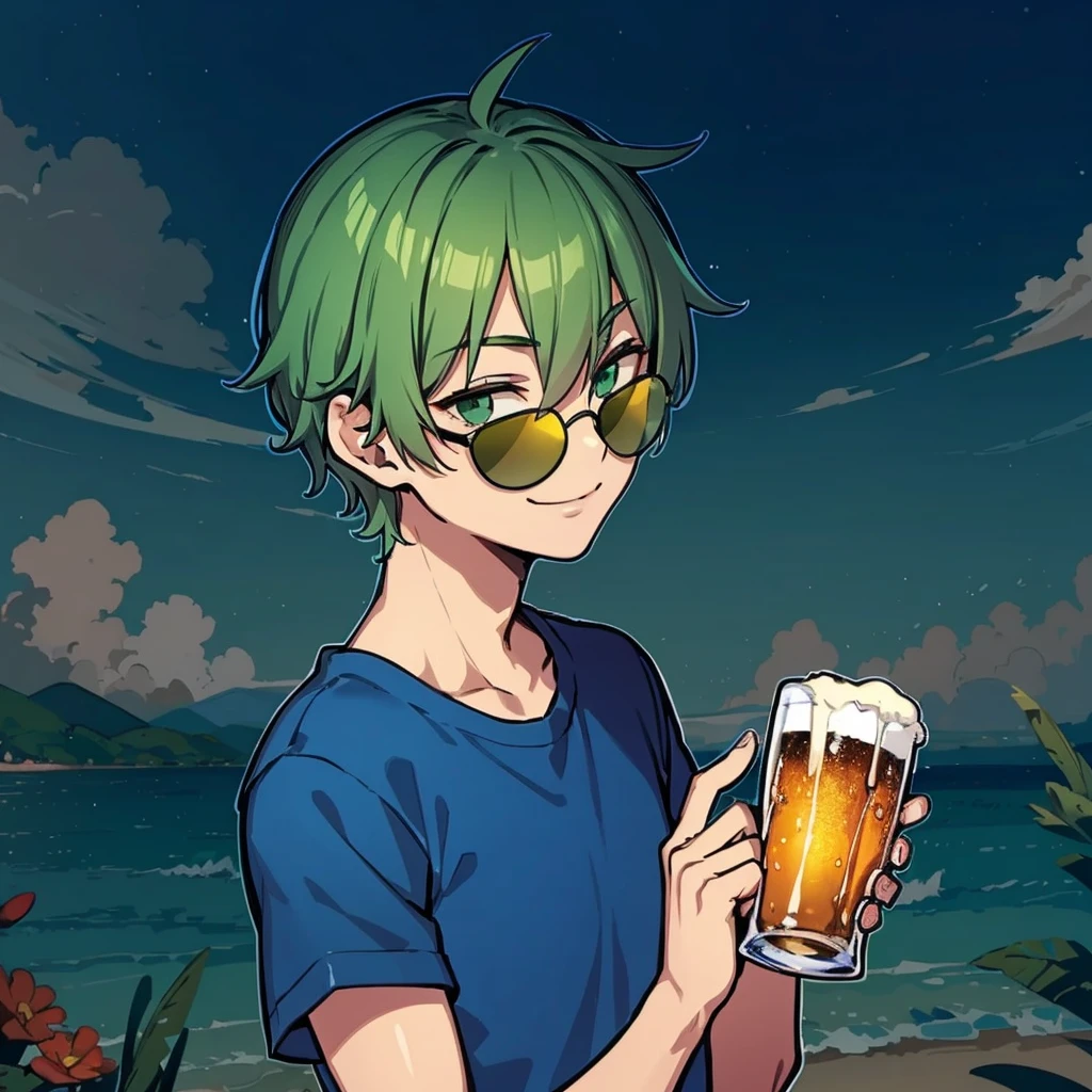 1 adult male, kindly smile, green eyes, beer glass, round sunglasses