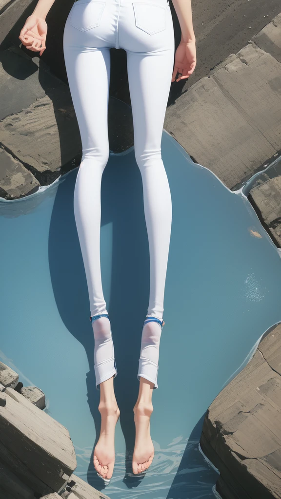 (((Backwards:2.0, Face your buttocks towards the camera:2.0, Accentuate your butt:2.0))), ((Wet with water:2.0)), ((Clothing:1.8)), (((Semi-transparent white denim pants:1.8, Fullback panties:2.0, Long blue T-shirt:2.0))), 1 Girl, solo, Bobcut, A grin, 18-year-old, 7 heads, Ideal body proportions, Black Hair, With bangs, Small breasts, slender, Small ass, Beautiful feet, Skinny Legs, Surrealism, Cinematic Lighting, Depth of written boundary, First Person View, F/1.8, 135mm, Ticker, Mastepiece, Curate, ((Anatomically correct:1.3)), Textured skin, Super Detail, High detail, High quality, Awards, Best Quality, High resolution, 8K