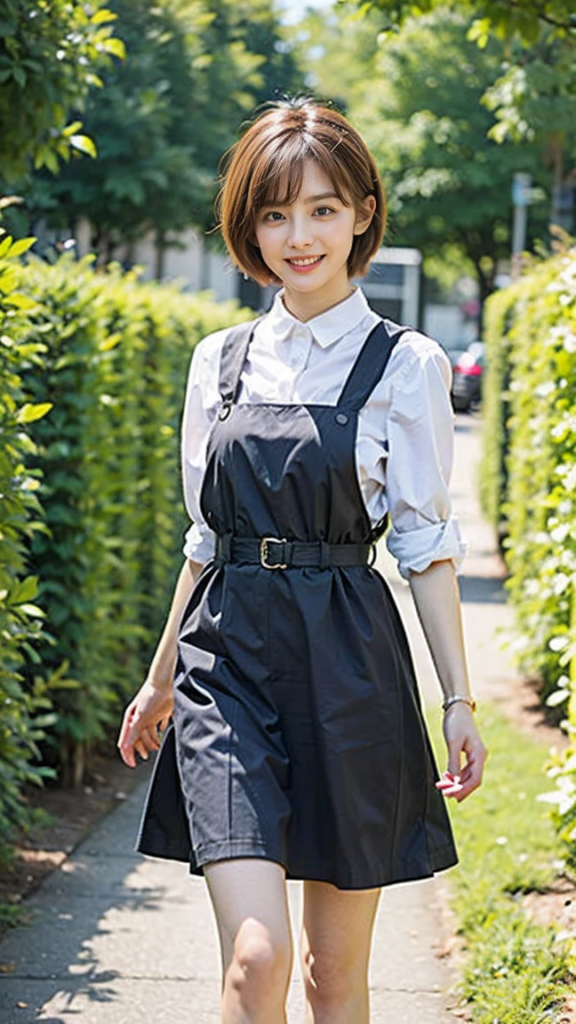 original photo、best quality、Real-world scenarios、Real characters)、(Practical、Practical)、1 girl、((Black、Suspender dress、Smile naturally、Thin legs、Tall、full、The background is the garden、Front view、Looking at the camera、Walking))、Lovely、Natural and real expression