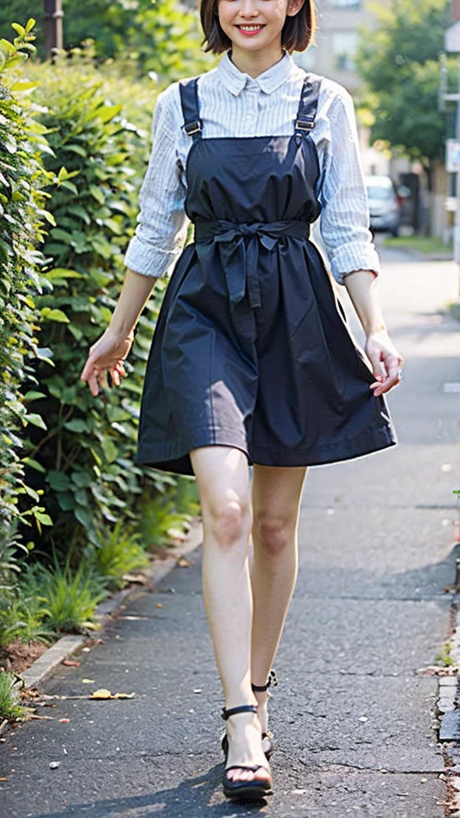 original photo、best quality、Real-world scenarios、Real characters)、(Practical、Practical)、1 girl、((Black、Suspender dress、Smile naturally、Thin legs、Tall、full、The background is the garden、Front view、Looking at the camera、Walking))、Lovely、Natural and real expression